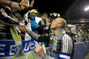 Keller thanks fans after the Sounders 3 - 0 win over New York in their first ever MLS game.  (photo: Rod Mar)